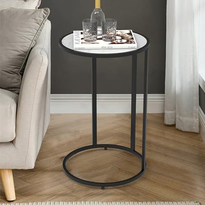 Round C Shaped Side Table, Slide Under Couch End Table with Wood Top, Snack Coffee Laptop Side Table for Living Room Bedroom Small Space - color: Black