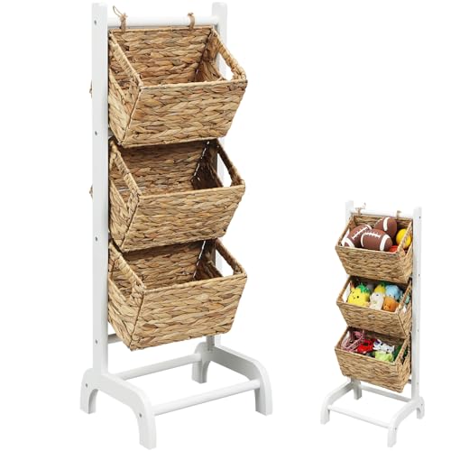 Wicker 3 Tier Foldable Storage Basket Floor Rack with Market Storage Basket Water Hyacinth Storage Rack Hand Woven Laundry Rack for Bathroom Kitchen Laundry Room Living Room Storage(White) - color: White