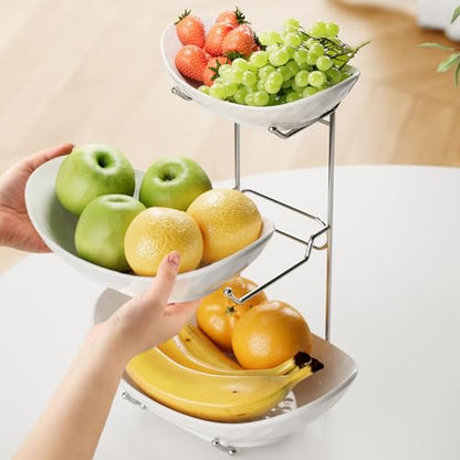 Fruit Bowl, 3 Tier Ceramic Fruit Basket, 3 Tier Serving Stand Serving Bowl with Metal Rack, Porcelain Kitchen Bowls for Fruit Vegetable Snack Nuts Dessert Cake Tray for Party Wedding - color: White