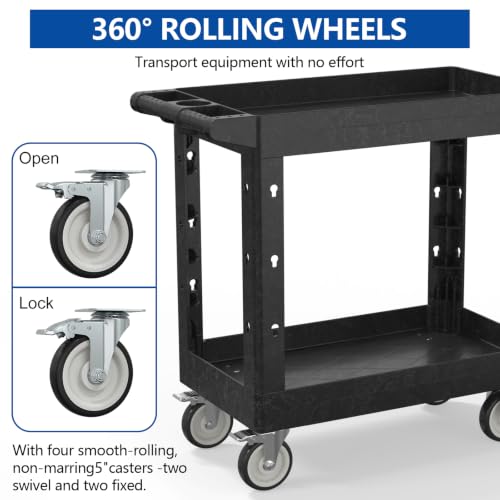 Large Garage Plastic Utility Cart, Heavy Duty 2 Shelf Tool Cart Service Cart Rolling Push Carts with Ergonomic Handle 5" Swivel Casters. - color: Black, size: 34 x 17 Inch