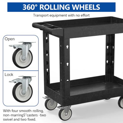 Large Garage Plastic Utility Cart, Heavy Duty 2 Shelf Tool Cart Service Cart Rolling Push Carts with Ergonomic Handle 5" Swivel Casters. - color: Black, size: 34 x 17 Inch