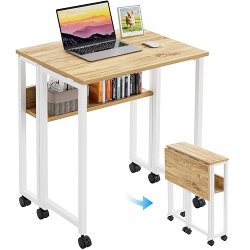 GreenForest Folding Desk with Wheels, 31.5" Rolling Table for Small Spaces | Storage Shelf, Lockable Casters, Compact Portable Workstation, Space-Saving Foldable Sofa Table, Home Office, Mobile, Oak - color: Oak, size: 31.5 inch