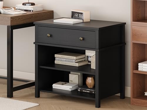 End Table with Drawer and 2 Tier Shelves, Wood Sofa Side Table for Living Room, Modern Nightstand Bedside Table for Bedroom, Small Console Table for Entryway, Hallway, Black - color: Black