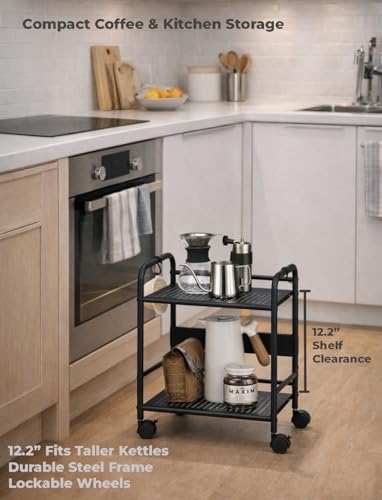 2-Tier Metal Rolling Cart, Compact Under Desk Storage Organizer | 12.2" clearance fits binders & tall bottles; anti-drop safety guard; small space mobile shelf for home, bedroom & office. - color: Black