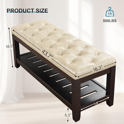 44" Entryway Bench with Shoe Storage, End of Bed Bench, Upholstered Ottoman Storage, 500 LBS Capacity for Entryway, Living Room, Hallway - color: Beige(pu)-1