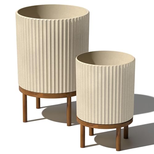 Veradek Demi Series Raised Duo Planters - Set of 2 Planters with Stands | Made From a Durable Plastic-Stone Composite & Comes With Wooden Stand. Modern Porch/Patio Décor - color: Sand/Brown, size: Bundle