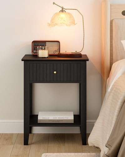 Fluted Nightstand, Farmhouse Night Stand with 1 Drawers, Mid Century Modern Side Accent Table,Bedside End Table for Bedroom, Living Room, Black - color: Black, size: 1 Drawer