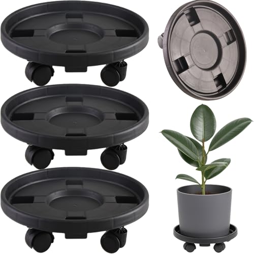 Rolling Plant Stand with Wheels 3 Pack 17.3 Inch Plant Caddy with Wheels Heavy Duty Plant Dolly Roller Base with Wheels Round Flower Pot Rack Holder Planter Trolley Tray, Black - color: Black, size: 17.3 inch