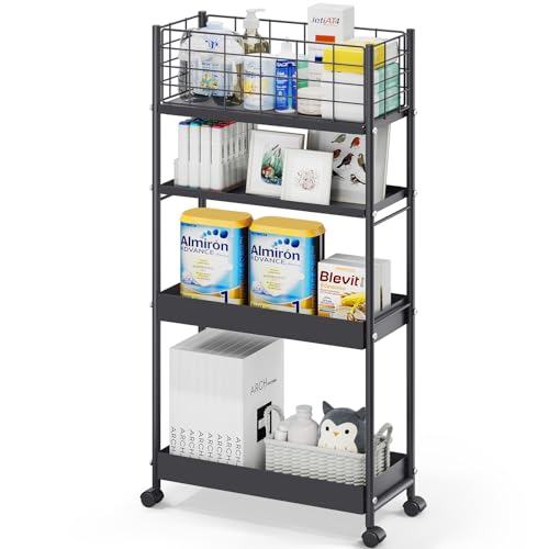 KINGRACK Slim Rolling Storage Cart 4 Tier - Heavy Duty Metal Utility Cart with Raised Edge & Wheels, Narrow Mobile Organizer Shelves for Bathroom, Kitchen, Laundry, Office, Living Room, Black - color: Black, size: 4-Tier