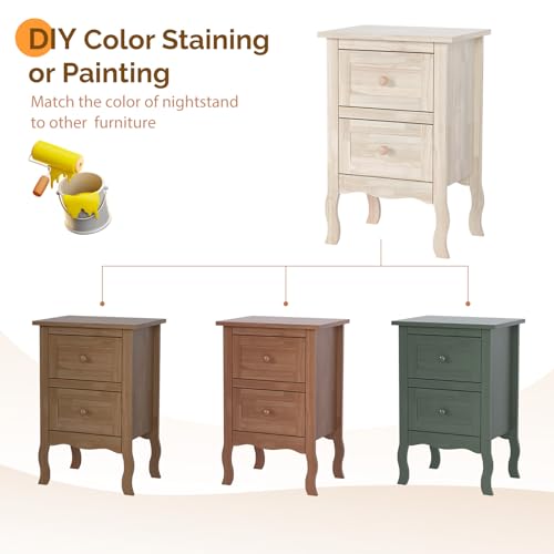 Bonnlo Solid Wood Nightstand Unfinished for Color DIY, Small Night Stand for Bedroom, Natural Wood Nightstand with Drawers, Light Wood Nightstand, Real Wooden Bed Side Table/End Table - color: Natural Wood