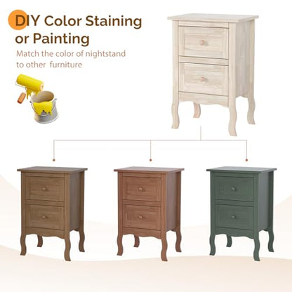 Bonnlo Solid Wood Nightstand Unfinished for Color DIY, Small Night Stand for Bedroom, Natural Wood Nightstand with Drawers, Light Wood Nightstand, Real Wooden Bed Side Table/End Table - color: Natural Wood