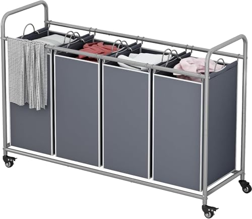LINZINAR 4 Section Laundry Hamper, Grey Laundry Basket, 180L Laundry Sorter | Laundry Room Organization with Heavy Duty Rolling Lockable Wheels and Removable Bag, Bedroom Laundry Cart for Clothes Storage - size: 4 Bags Grey
