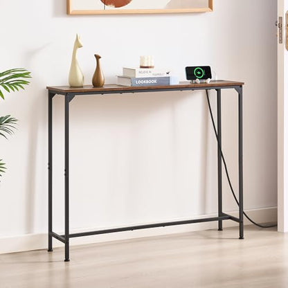 Console Table, Narrow Entryway Table, Thin Sofa Table, Behind Couch Table,for Hallway, Bedroom, Living Room, Foyer, 9.4 x 39.4 x 31.5 Inches, Rustic Brown - size: 9.4" W x 39.4" D, style: With Plug