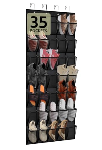 PAULONE 35 Pocket Over the Door Shoe Organizer,Reusable Breathable Large Mesh Bag Men's & Women's Sneaker Organizer,Shoe Organizer for Kids,Hanging Shoe Storage Hanging Bag (Black) - color: Black