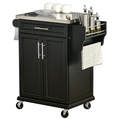 HOMCOM Kitchen Island on Wheels, Rolling Kitchen Cart with Stainless Steel Countertop, Drawer, Towel Rack and Spice Rack, Utility Storage Trolley, Black - color: Black