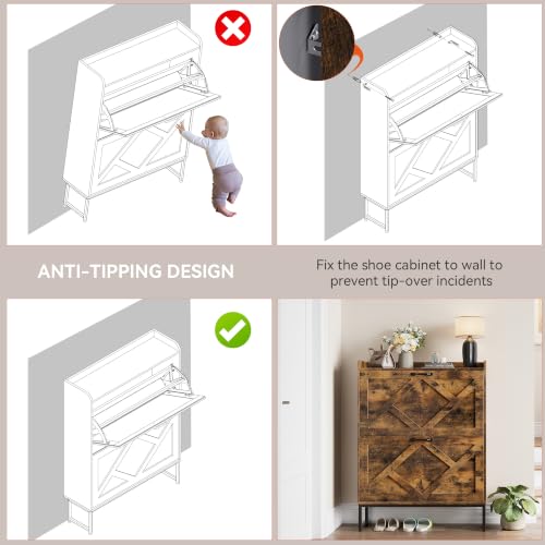 Nicetree Shoe Storage Cabinet with 2 Flip Drawers, Freestanding Wood Shoe Organizer with Metal Legs, Farmhouse Slim Shoe Rack for Entryway, Foyer, Hallway, Rustic Brown - color: Rustic Brown