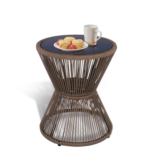 SUNNYPARK Small Outdoor Side End Table Modern Hourglass Style 20" H | Tempered Glass Top, Hand-Woven Rope, Easy Assembly, All Weather, Round Accent Table for Coffee Patio Balcony Poolside - color: Brown