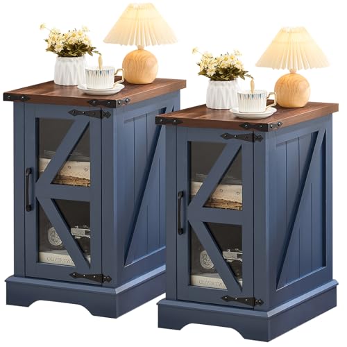 Joaxswe Farmhouse 14'' Side End Table Set of 2, Narrow Night Stand with Glass Barn Door, Storage Bedside Tables, Nightstand Cabinet Organizer for Small Spaces Living Room Bedroom - color: Navy Blue, size: without Charger