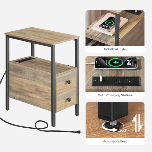 HOOBRO End Table with Charging Station, Narrow Side Table with 2 Drawer & USB Ports & Power Outlets, Nightstand for Small Spaces, for Living Room, Bedroom, Sapphire Brown UC541BZ01 - color: Sapphire Brown