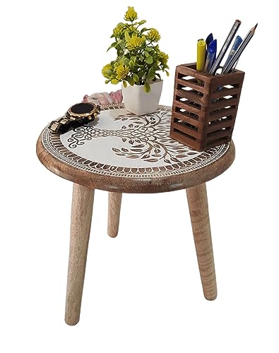 VANIYA CRAFTS® Wooden Engraved Fold-able Side Table/End Table/Plant Stand/Stool for Living Room Bedroom Restaurant Kids Play Furniture Table Round Shape (Natural White 3) - color: Natural White 3