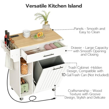 HOOBRO Kitchen Island with Trash Can Storage, Rolling Kitchen Island on Wheels, Kitchen Storage Island with Power Outlet, Mobile Islands Table for 10 Gallon Garbage Bin, Natural and White WN80UZD01G1 - color: Natural + White