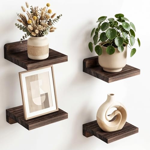 Fixwal Small Floating Shelves for Wall (Dark Carbonized, Set of 4, 5Inch) | Rustic wood shelf for displaying mini frames, plants, collectibles. Fits bedroom, living room, bathroom, kitchen, or office. - color: Dark Carbonized Black, size: 5in