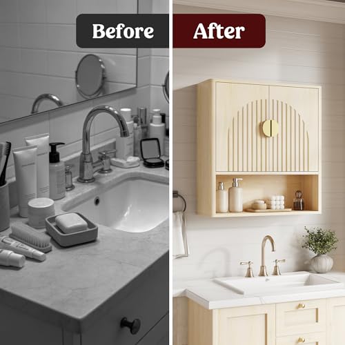 Lulive Bathroom Wall Cabinet with Adjustable Wood Shelf, Fluted Medicine Cabinet with 2 Doors, Over The Toilet Storage Cabinet for Laundry Room, Kitchen, Living Room, Natural