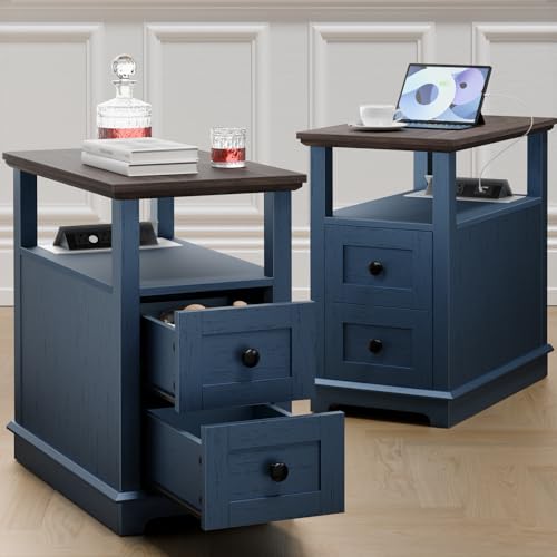 HIFYOBRO Narrow End Table with Flip Top Charging Station Set of 2, Side Table with 2 Drawers, Type-C & USB Port & Power outlets, Wooden Storage End Table for Living Room, Bedroom - color: Dark Blue, size: 1 Set