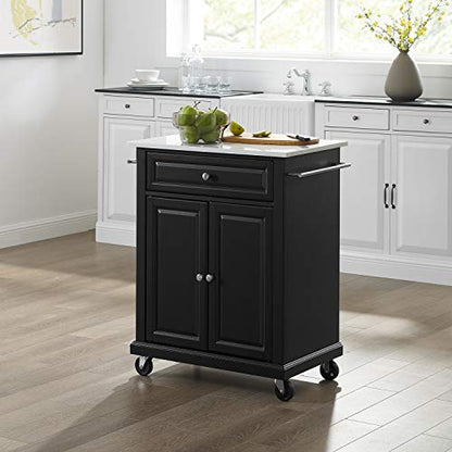 Crosley Furniture Compact Stone Top Small Rolling Cart with Shelves, Microwave Stand with Towel Rack, Black - color: Black, style: White Granite Top