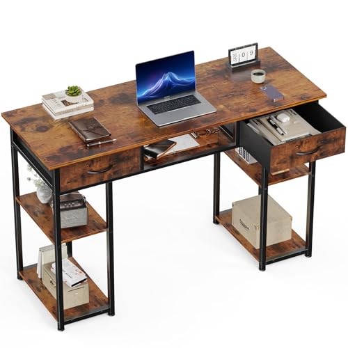 OLIXIS 48 Inch Desk with Storage Fabric Drawers, Home Office Computer Desk for Small Space Bedroom, Modern Study Work Gaming Writing PC Table, Finish for Compact Rooms, Brown - color: Brown, size: 48 in
