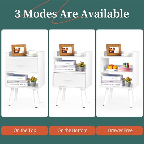 Yoobure Modern Nightstand with Drawer, Bedside Tables, Mid Century Nightstands with Open Storage Shelf, Wood Bedside Table, Small Night Stands for Bedrooms, 2-Tier Night Table - color: White