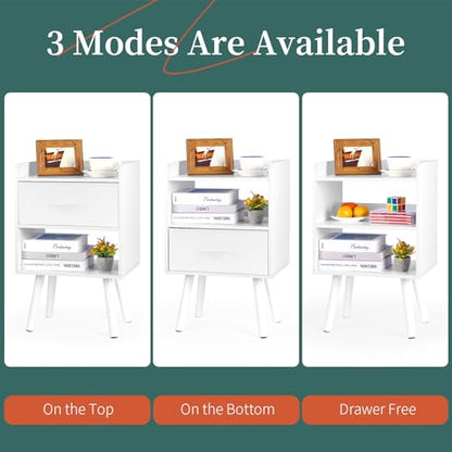 Yoobure Modern Nightstand with Drawer, Bedside Tables, Mid Century Nightstands with Open Storage Shelf, Wood Bedside Table, Small Night Stands for Bedrooms, 2-Tier Night Table - color: White