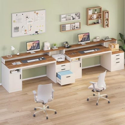 YOMILUVE 65 Inch Computer Desk with 3 Drawers & Storage Shelves, Executive Desk with File Drawer & Cabinet, Home Office Desk with Long Monitor Stand & Printer Shelf, Antique White - color: Antique White