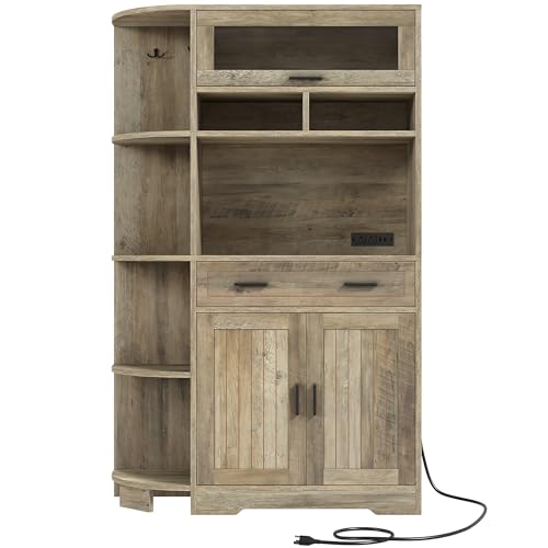 DWVO 67" Farmhouse Kitchen Pantry Cabinet with Storage Cabinet, Ash Gray | Coffee Bar & Charging Station, Buffet Sideboard, Microwave Stand, Hutch Cupboard for Dining Room Kitchen Living Room - color: Ash Gray