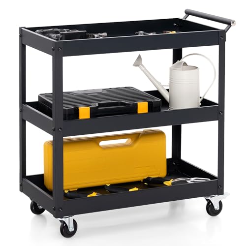 3-Tier Rolling Tool Cart, Mechanic Organizer Push Cart with 4 Universal Wheels & 2 Brakes, Heavy-Duty Metal Service Carts for Home, Kitchen, Warehouse, Garage (Black) - size: 3" Wheels