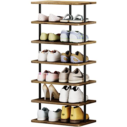 Shoe Rack Storage Vertical Narrow Shoe Organizer Shelf 7 Tier | Metal Slim Shelf,Modern Minimalist Free Standing Shoe Tower, Saving Space for Closet,Entryway,Bedroom,Black+Rustic Brown - color: Black+rustic Brown, size: 7 Tier-Double Row