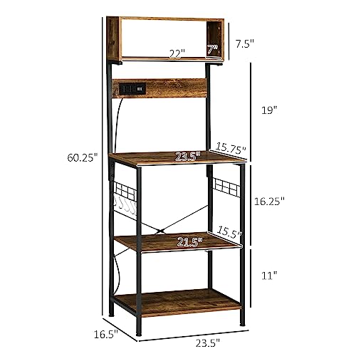 HOMCOM Kitchen Bakers Rack with Storage, Power Outlet, Rustic Brown | USB Charger, Microwave Stand, Coffee Bar with Adjustable Shelves, 5 Hooks
