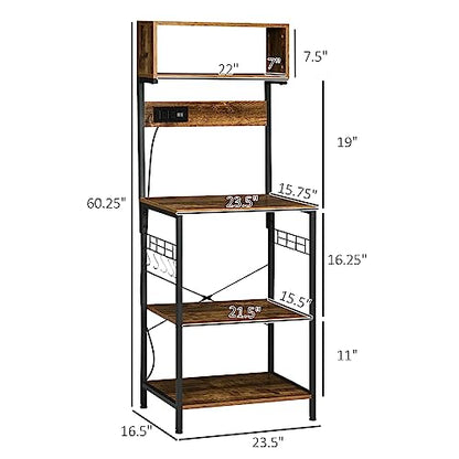 HOMCOM Kitchen Bakers Rack with Storage, Power Outlet, Rustic Brown | USB Charger, Microwave Stand, Coffee Bar with Adjustable Shelves, 5 Hooks