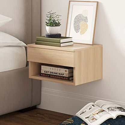 Nathan James Jackson Wall Mounted Floating Bedroom Nightstand with Storage Drawer and Modern Open Shelf Cubby, Light Oak Wood - color: Light Oak, size: 1