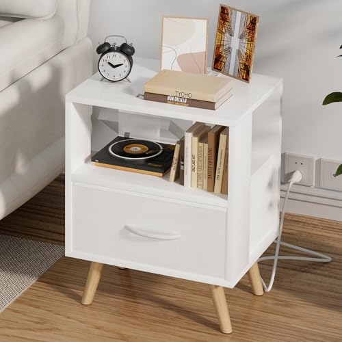 Aenuert Night Stand with Charging Station, White Nightstand with Drawer, 3-Tier Wooden Bedside Table with USB Ports and Outlets, End Table for Small Space, Living Room, Bedroom - color: White, size: 2-Tier with Charging Station