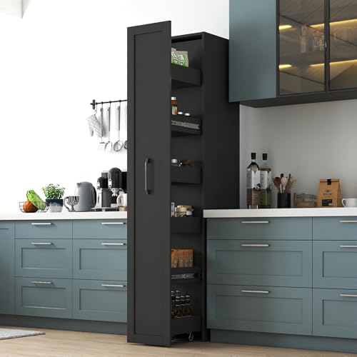 6 Tier Large Slim Storage Cart, Rolling Kitchen & Pantry Organizer, Narrow Storage Cabinet with Handle & Wheels, Wood Spice Rack Next Fridge, Multi-Tier Pull-Out Shelf for Small Spaces, Black - color: 06-black - 7 Tier