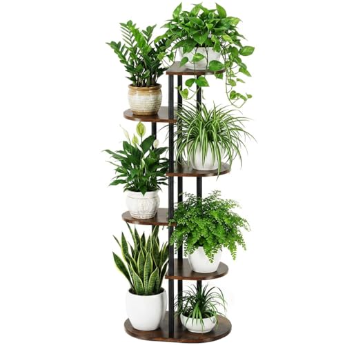 Tiered Plant Stand Indoor, Tall 6 Tier 7 Potted Wooden Plant Shelf for Multiple Flower Plants, Multi Corner Metal Plant Holder Indoor for Patio Garden Patent Design Living Room Balcony Bedroom, Rustic Brown - color: Rustic Brown, size: 6 Tier 7 Potted