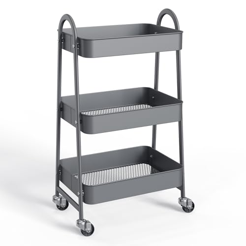 NEWBULIG 3-Tier Metal Rolling Storage Utility Cart with Lockable Wheels | Mobile Organizer Shelf, Space-Saving, Freestanding, Bathroom, Living Room, Slim, Narrow Corner Spaces, Grey - color: Gray, size: 3 Tier