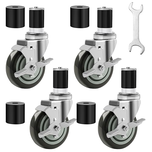 Besitu 4 inches Prep Table Wheels Set of 4, 1-1/2" and 1-5/8" Expanding Stem Caster with Side Brake for Stainless Steel Table, Cart, Furniture Legs, Commercial Kitchen Appliances, Workbench - style: 4 Inch