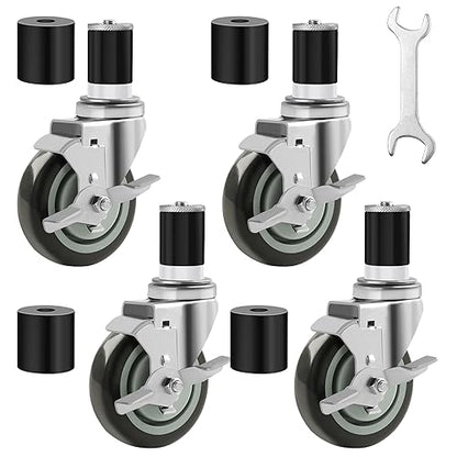 Besitu 4 inches Prep Table Wheels Set of 4, 1-1/2" and 1-5/8" Expanding Stem Caster with Side Brake for Stainless Steel Table, Cart, Furniture Legs, Commercial Kitchen Appliances, Workbench - style: 4 Inch