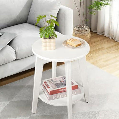Small End Side Table Wooden Round End Table with Lower Shelf Wood Grain White Nightstand Sofa Tables for Small Spaces, Living Room, Bedroom - color: Wood Grain White