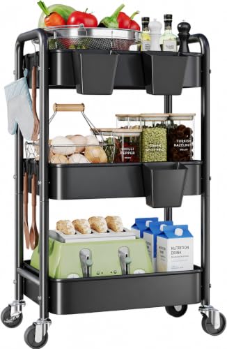 3 Tier Black Heavy Duty Rolling Cart on Wheels, Metal Utility Storage Shelves with Hanging Cup, Three Tiered Craft Carts Organizer, Shelf Cart for Bedside, Kitchen, Art, Snack, Pantry, Laundry Supply - color: Black