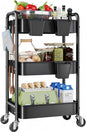 3 Tier Black Heavy Duty Rolling Cart on Wheels, Metal Utility Storage Shelves with Hanging Cup, Three Tiered Craft Carts Organizer, Shelf Cart for Bedside, Kitchen, Art, Snack, Pantry, Laundry Supply - color: Black
