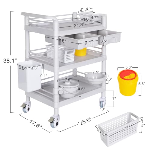 Mobile Medical Carts 3 Tier Professional Utility Cart 330 LBS Max Load Rolling Crash Cart Ultrasound Trolley with Wheels Drawers Dirt Bucket Sharps Box Storage Basket for Hospital Dental Clinic Home - color: 3-tier With Accessories Light Gray