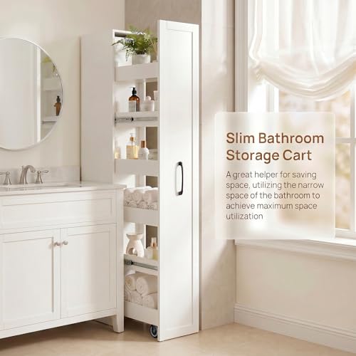 6-Tier Slim Mobile Shelving Cart with Wheels, Rolling Pantry Cabinet with 6 Baskets, Narrow Pull-Out Utility Cart, Space Saving Storage Organizer for Kitchen Living Room Bathroom Narrow Spaces, White - size: White & 11.81"D x 15.75"W x 70.87"H